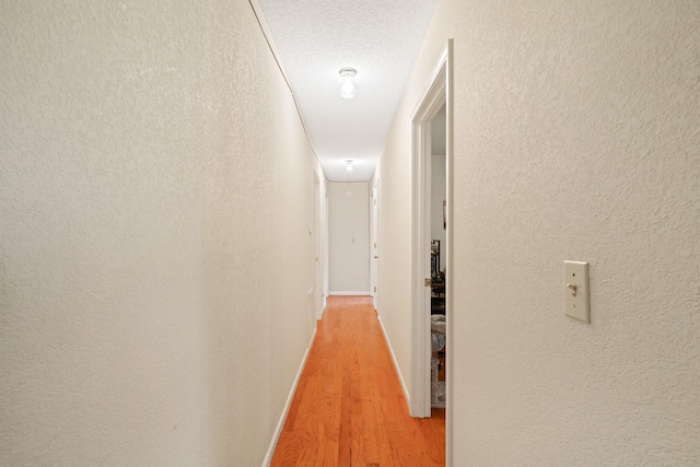 hall with a textured ceiling and light hardwood / wood-style flooring