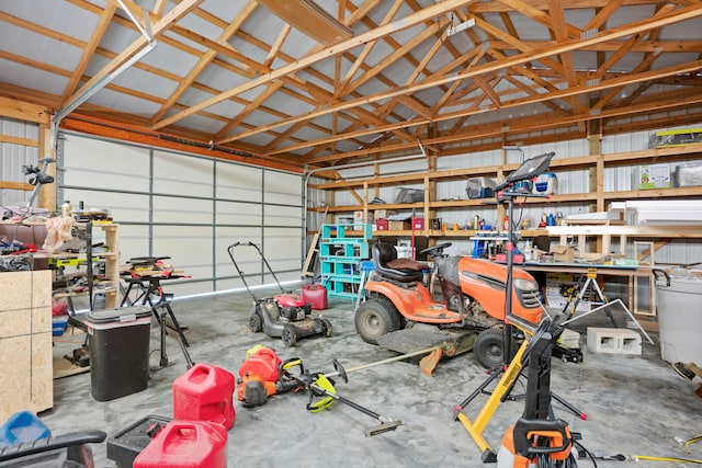 garage with a workshop area