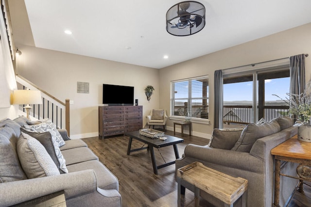 270 Chateau Cove Dr, Branson, MO 65616 - living room featuring wood finished floors, baseboards, recessed lighting, and stairs