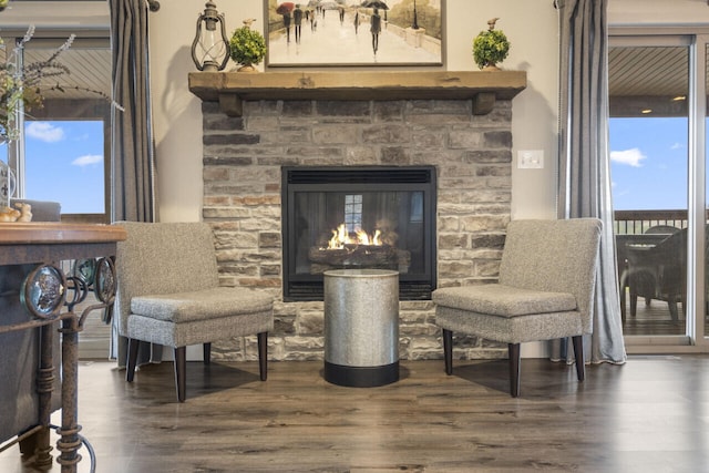 270 Chateau Cove Dr, Branson, MO 65616 - sitting room featuring a stone fireplace, wood finished floors, and a healthy amount of sunlight