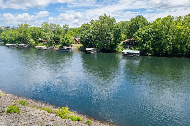 view of water feature with a dock