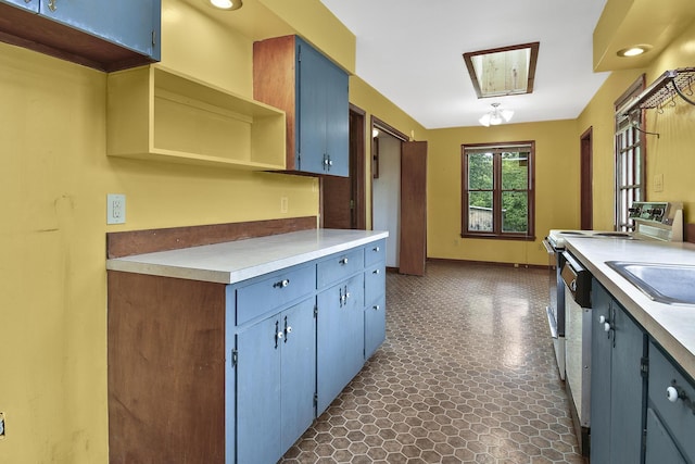 kitchen featuring open shelves, electric stove, light countertops, blue cabinetry, and baseboards