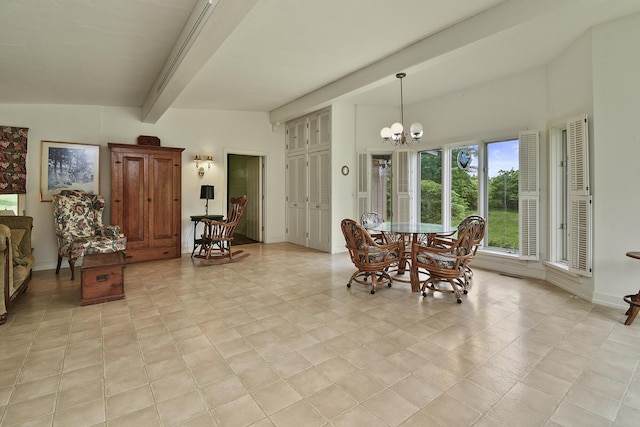 dining area featuring beam ceiling, baseboards, and an inviting chandelier