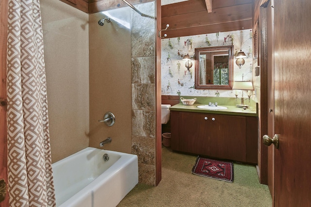 full bath with vanity and shower / bathtub combination with curtain