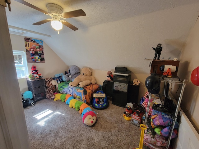 5317 E Ave, Morrisville, MO 65710 - playroom featuring vaulted ceiling, carpet flooring, a textured ceiling, and ceiling fan