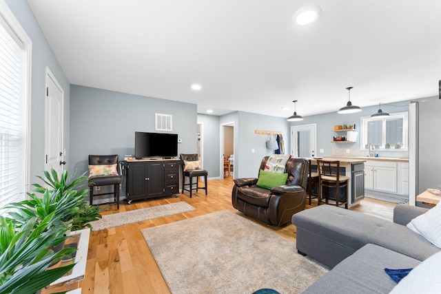 living room featuring light hardwood / wood-style floors and sink