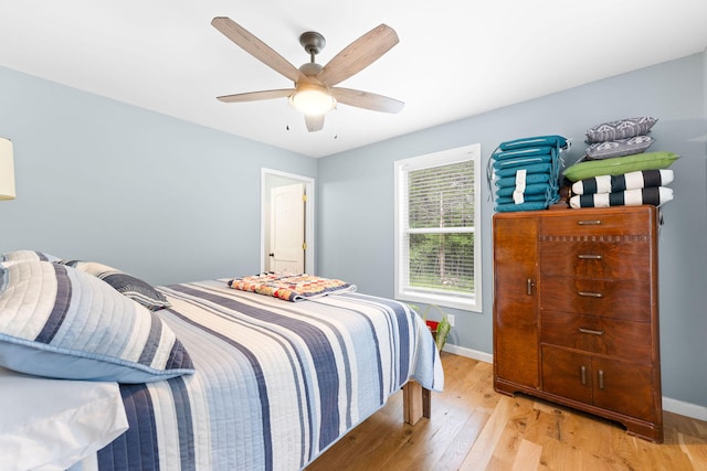 bedroom with ceiling fan and light wood-type flooring