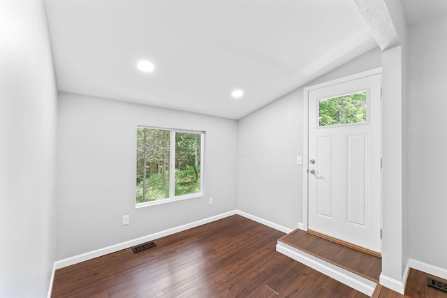 entryway featuring dark hardwood / wood-style floors and vaulted ceiling