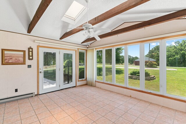 unfurnished sunroom with vaulted ceiling with skylight, a baseboard radiator, and ceiling fan