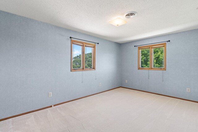 unfurnished room featuring light carpet and a textured ceiling