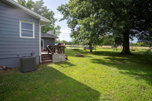 view of yard featuring a wooden deck and central AC