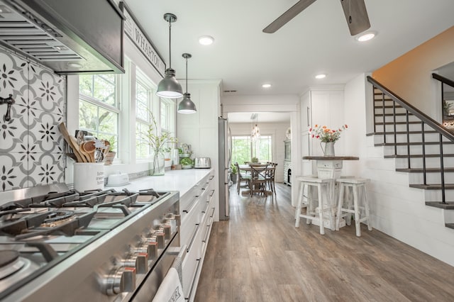 kitchen featuring exhaust hood, dark hardwood / wood-style floors, stainless steel appliances, white cabinets, and hanging light fixtures