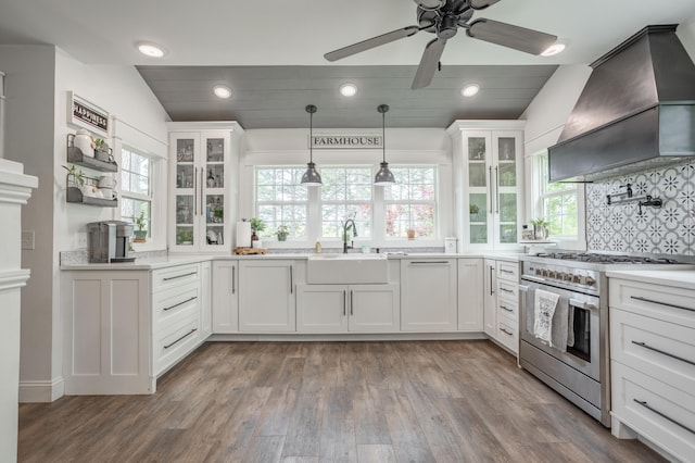 kitchen with custom exhaust hood, white cabinetry, sink, and stainless steel stove