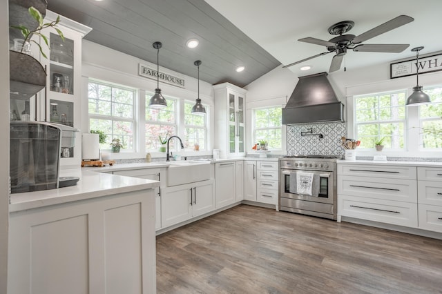 kitchen with high end stove, white cabinetry, and a healthy amount of sunlight