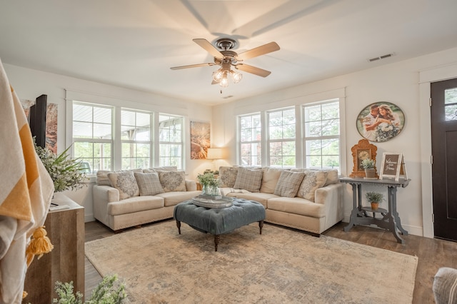 living room with wood-type flooring and ceiling fan