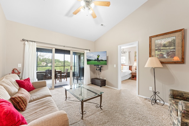 living room with ceiling fan, light colored carpet, and high vaulted ceiling