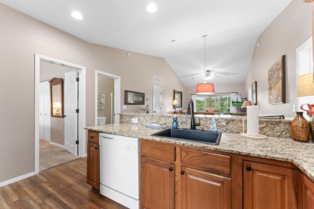 kitchen with ceiling fan, sink, white dishwasher, lofted ceiling, and dark hardwood / wood-style floors