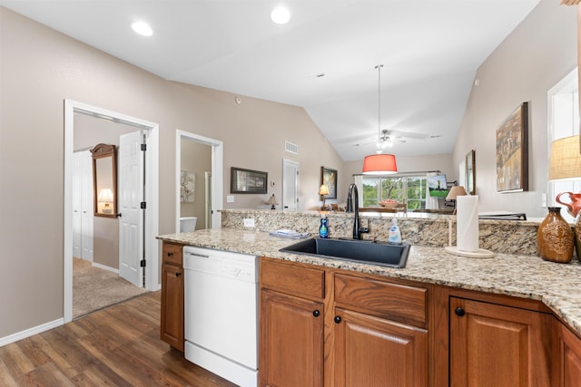 kitchen featuring vaulted ceiling, a ceiling fan, a sink, white dishwasher, and dark wood-type flooring