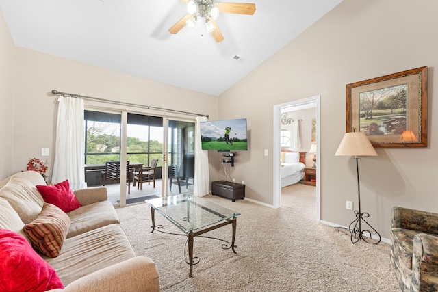 living area featuring baseboards, visible vents, high vaulted ceiling, a ceiling fan, and carpet floors