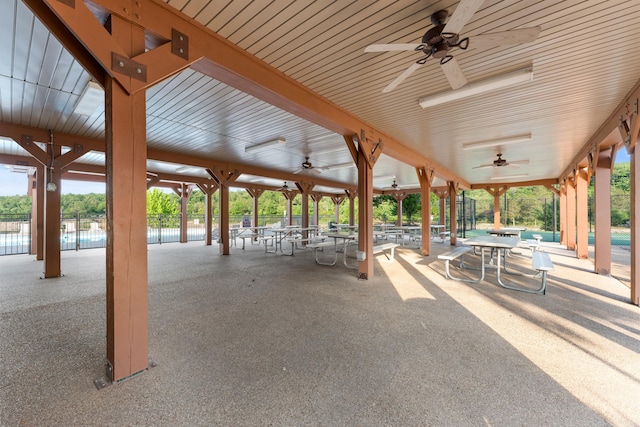 view of property's community with a patio and a water view