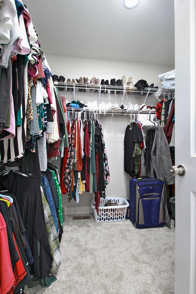 walk in closet featuring carpet flooring