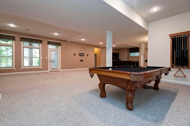 rec room with pool table, carpet flooring, and decorative columns