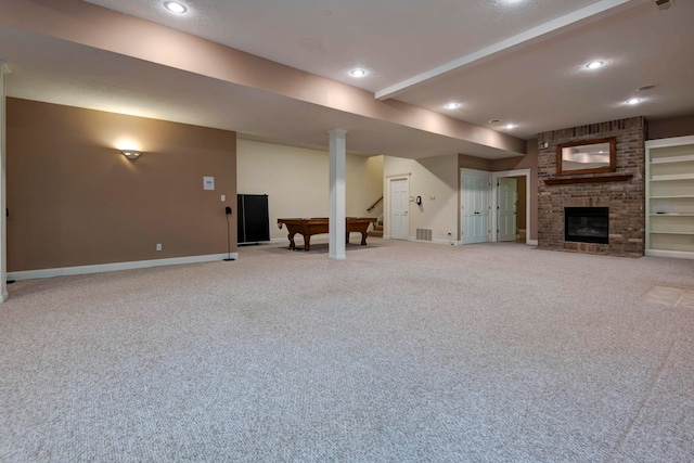 unfurnished living room featuring a fireplace, carpet flooring, and billiards