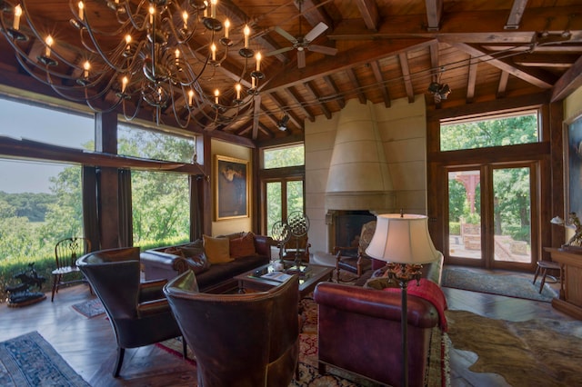 living room with beamed ceiling, wood ceiling, high vaulted ceiling, a fireplace, and hardwood / wood-style floors