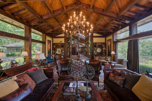 living room featuring a wealth of natural light, beam ceiling, and wooden ceiling