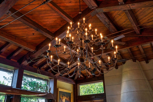 details with a notable chandelier, beamed ceiling, and wooden ceiling