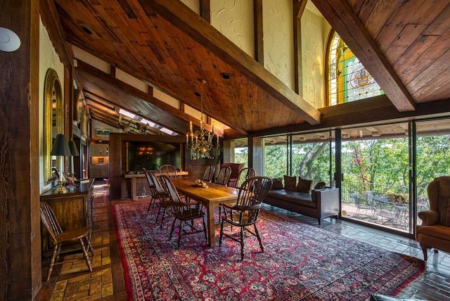 dining room with an inviting chandelier, wood ceiling, lofted ceiling with beams, and a wealth of natural light