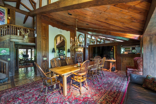 dining area with wooden ceiling, wood walls, high vaulted ceiling, and beam ceiling