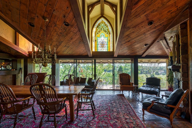 dining area featuring high vaulted ceiling, a wealth of natural light, and wooden ceiling