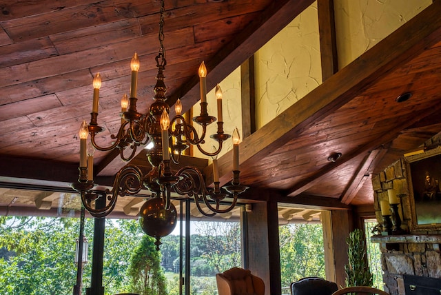 room details with wooden ceiling, an inviting chandelier, beamed ceiling, and a fireplace