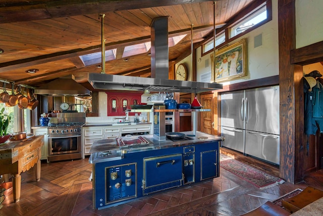 kitchen featuring wood ceiling, blue cabinetry, appliances with stainless steel finishes, dark parquet flooring, and lofted ceiling with skylight