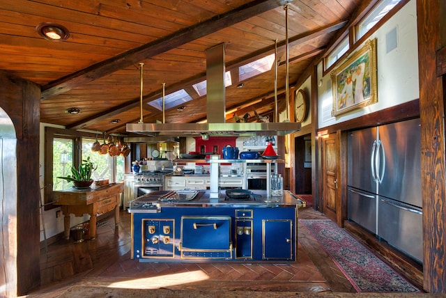 kitchen with wood ceiling, dark parquet flooring, appliances with stainless steel finishes, lofted ceiling with skylight, and blue cabinets