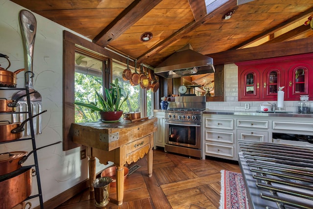 kitchen with lofted ceiling, ventilation hood, stainless steel range, and stainless steel counters