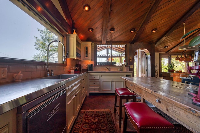 kitchen featuring pendant lighting, wooden ceiling, vaulted ceiling, and sink