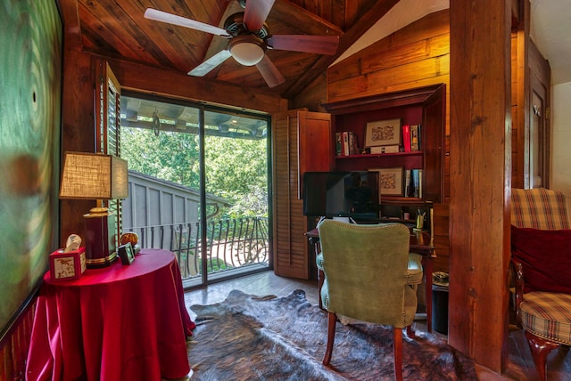 office area with ceiling fan, vaulted ceiling, and wooden ceiling