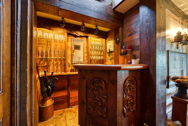 wine area featuring wood walls and bar area