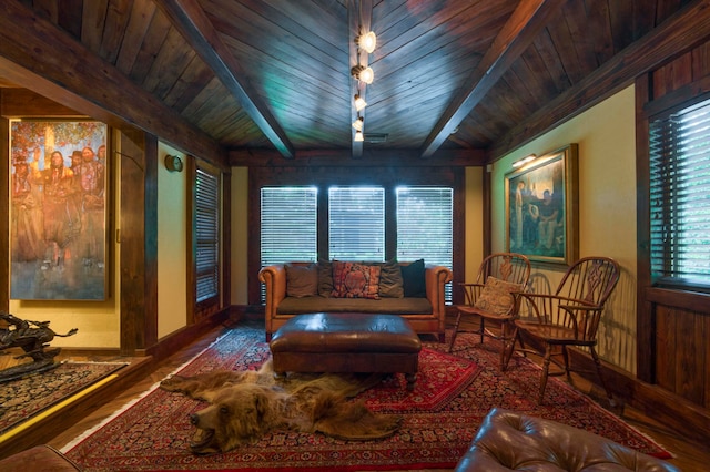 living room featuring wooden ceiling, wood walls, beamed ceiling, and dark hardwood / wood-style flooring