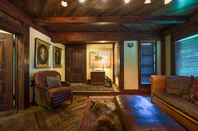 living room featuring beamed ceiling and wood ceiling