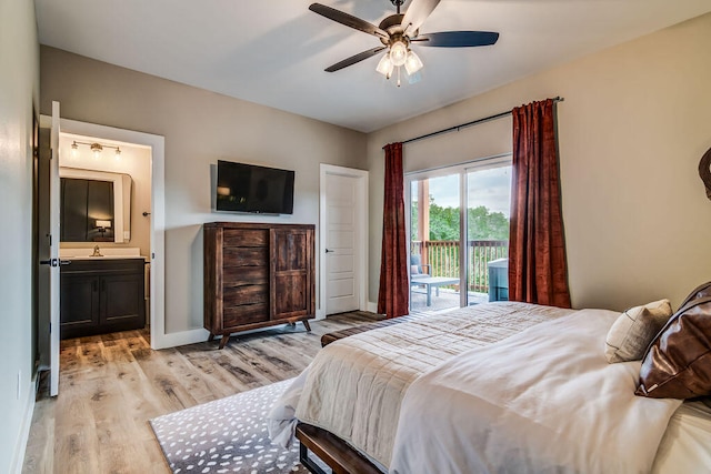 bedroom with light wood-type flooring, ceiling fan, sink, connected bathroom, and access to exterior