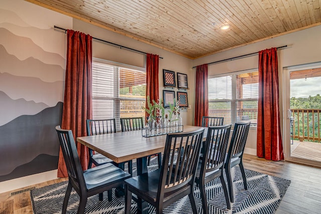 dining room with hardwood / wood-style floors, a healthy amount of sunlight, wooden ceiling, and ornamental molding