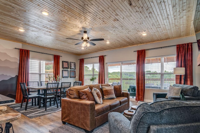 living room featuring ceiling fan, wooden ceiling, and light hardwood / wood-style floors