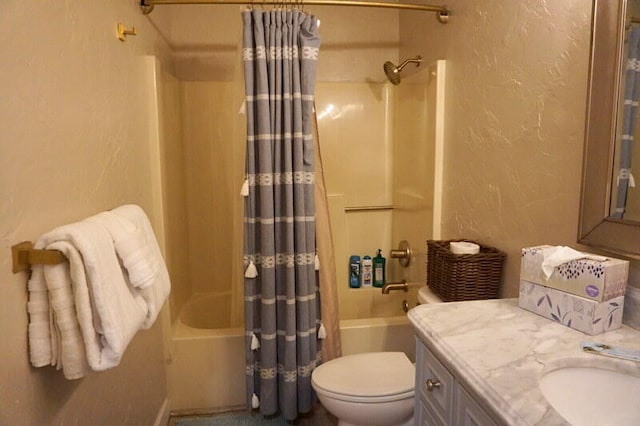 full bathroom featuring vanity, toilet, and shower / bathtub combination with curtain