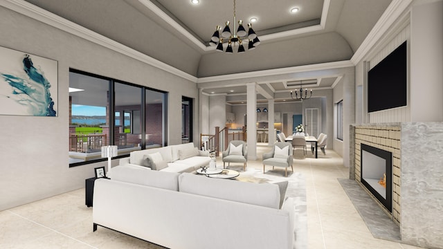 tiled living room with a brick fireplace, a raised ceiling, crown molding, and a chandelier