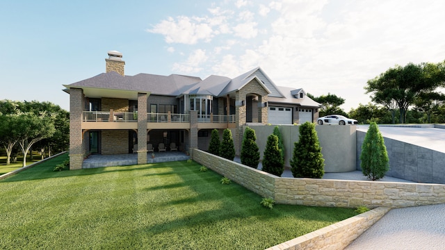 view of front of house with a front lawn and a balcony