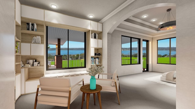 living area with a water view, ornamental molding, a raised ceiling, and light carpet