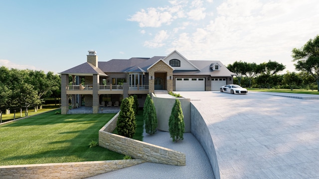 view of front of house featuring a front yard, a garage, and a balcony